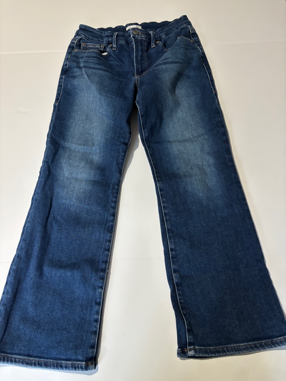 Good American Good Legs Crop Mini Boot Jeans Dark Blue Mid Rise Size 6 / 28